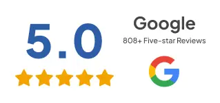 Google 5.0 rating badge with 808 plus five-star reviews