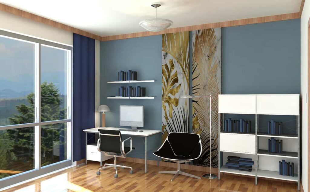Home office with blue gray painted walls and white shelving