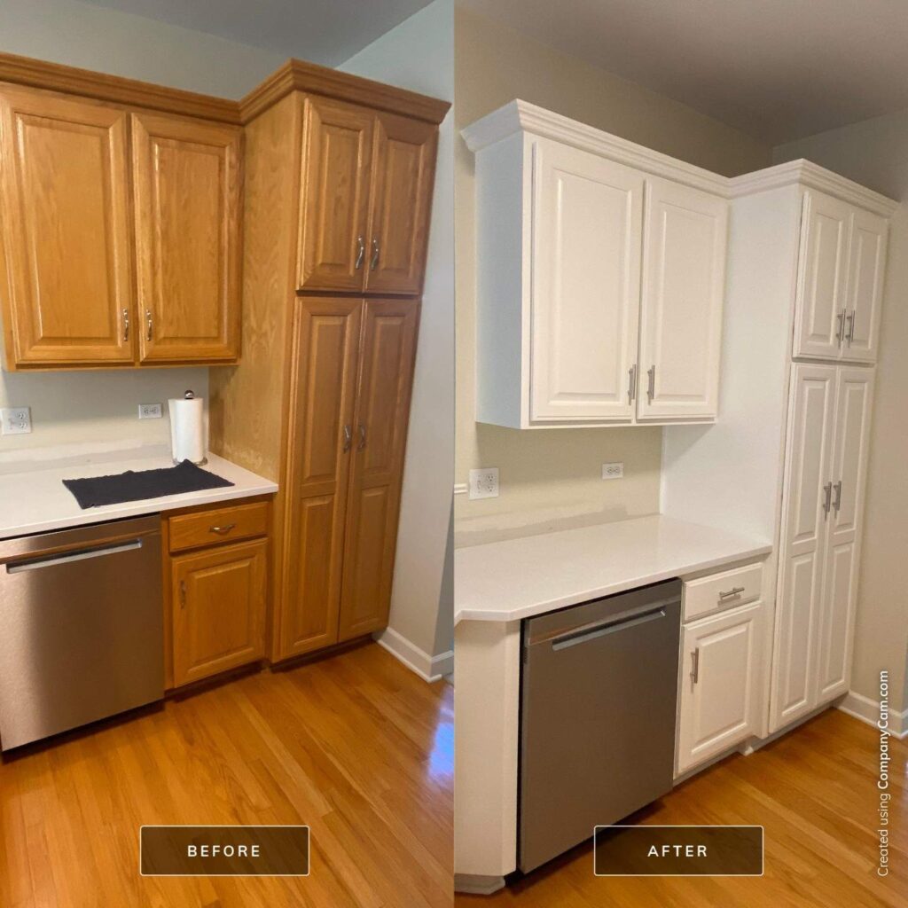 Before and after of kitchen cabinets repainted from oak to white in Plainfield