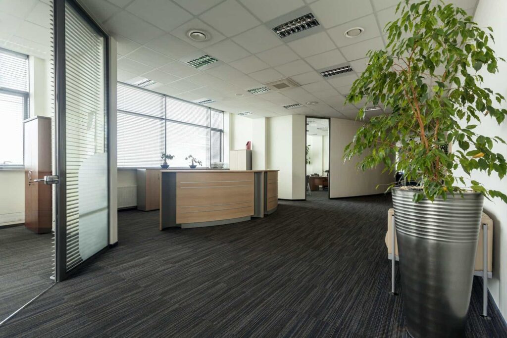 Office reception area with white matte walls, glass partitions and dark flooring