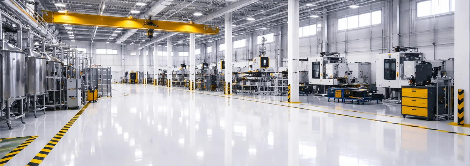 Industrial production hall with a glossy epoxy floor coating and machinery