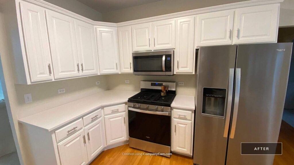 White painted kitchen cabinets after a cabinet refinishing project in Frankfort