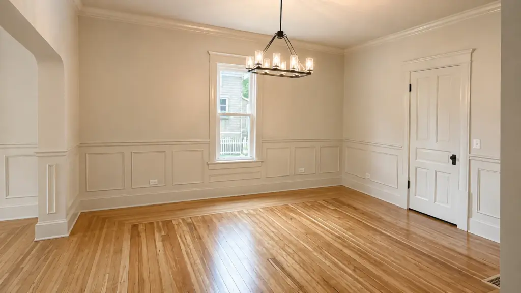 Dining room with fresh neutral walls and white wainscoting in a Joliet home