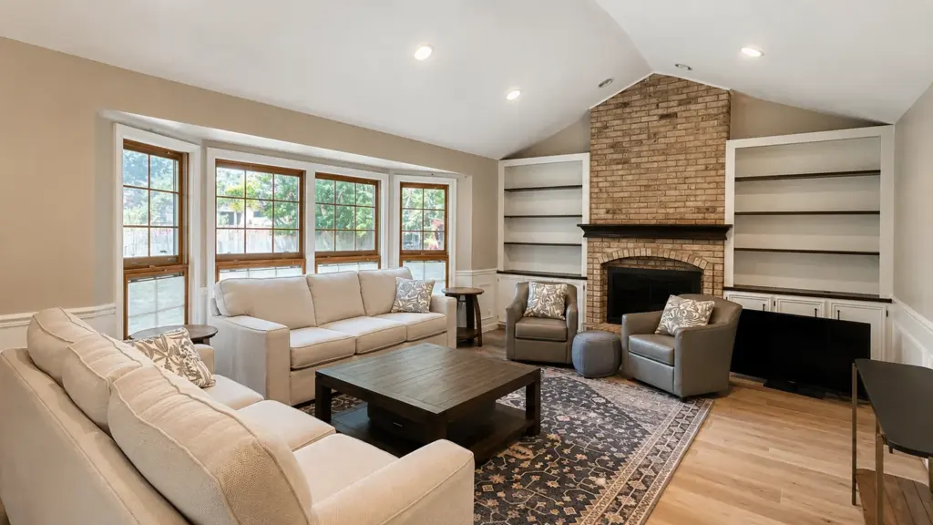 Repainted family room with vaulted ceiling and brick fireplace in a New Lenox home